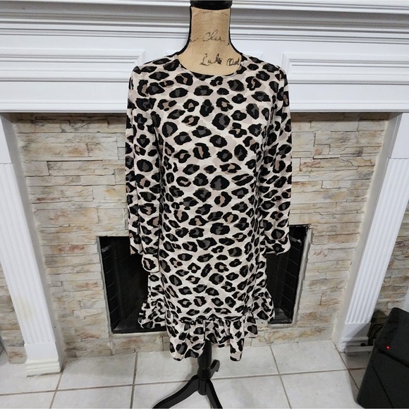Eliza J. Leopard‎ cheetah print long sleeve ruffle dress size 4 small - Picture 1 of 8